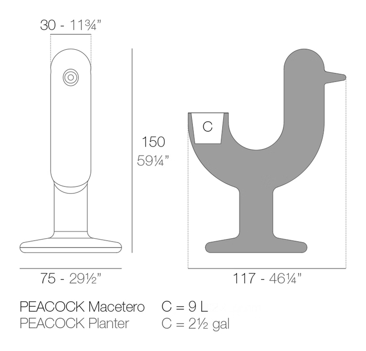 Peacock Planter by Vondom, size drawing