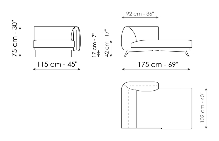 Saddle Sofa by Bonaldo, size drawing: Chaise longue 115 x 175