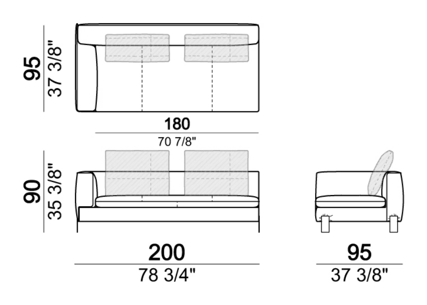 Brown Sugar Sofa by Arketipo, size drawing: Right or left unit / corner unit
