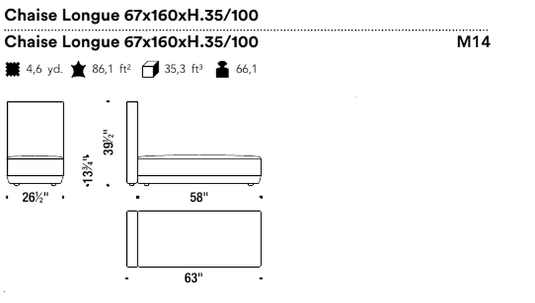 Bikini Island Modular Sofa by Moroso, size drawing: Chaise Longue 67x160xH.35/100