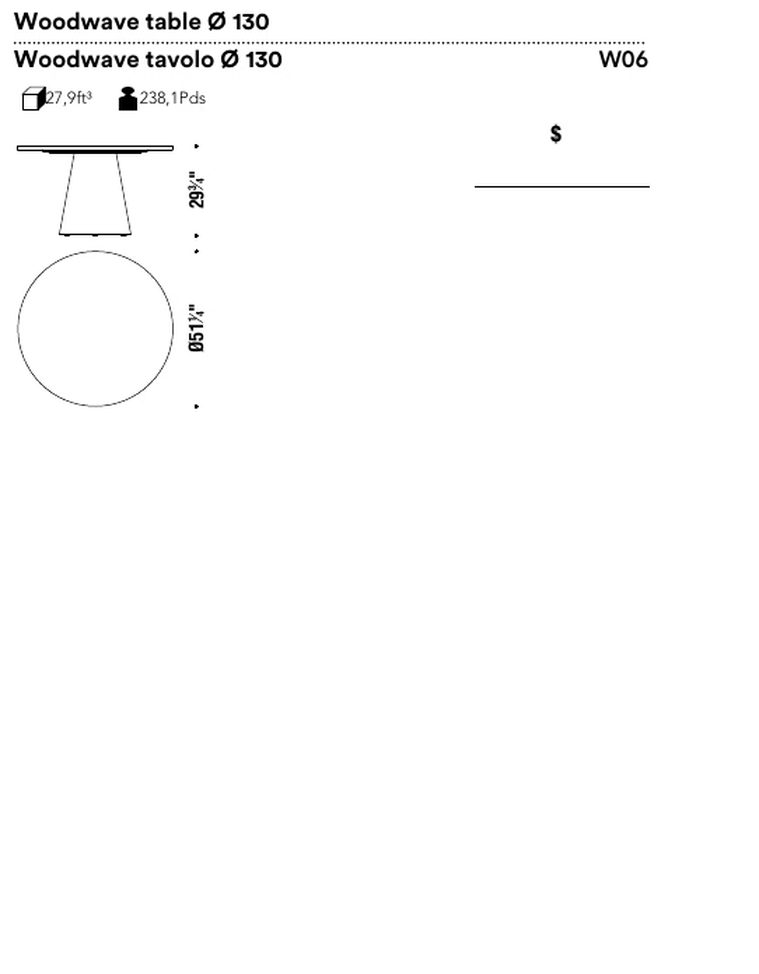 Woodwave Dining Table by Moroso, size drawing: Woodwave table Ø 130