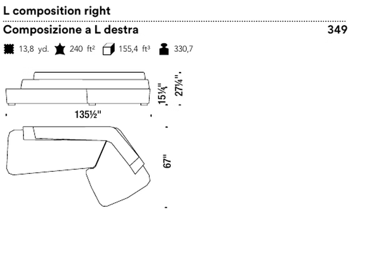 Rift Sofa by Moroso, size drawing: L composition right