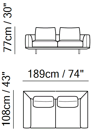 Tempo Sectional by Natuzzi Italia: Two-seater sofa, outline drawing with sizes