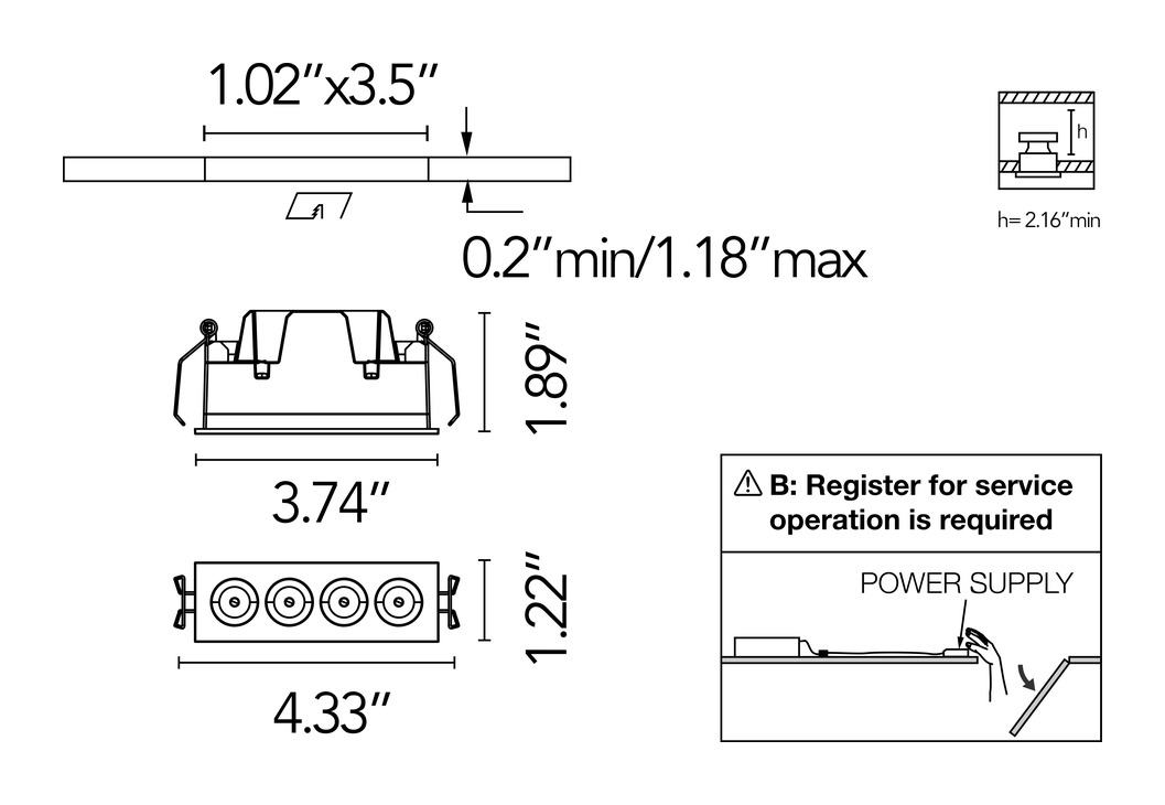 Light Shadow Mini Trim Downlight by Flos, size drawing: Light Shadow Mini Fixed Trim 4 Spots