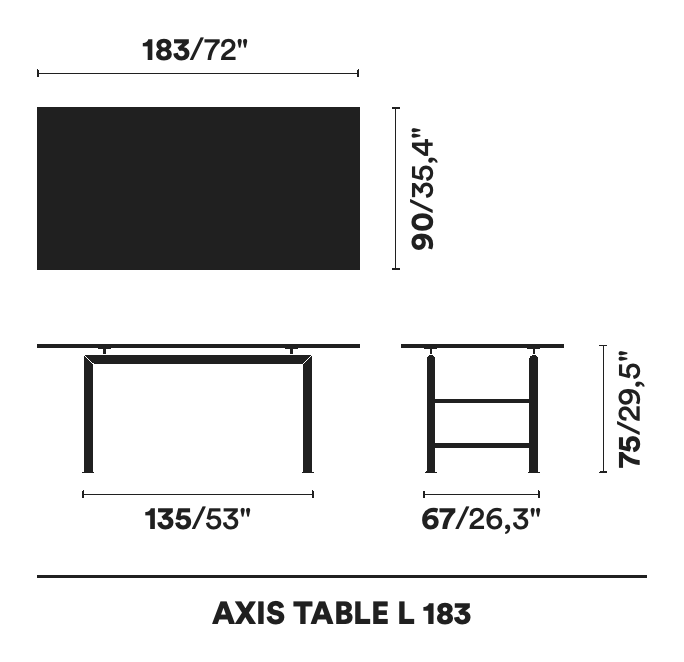 Axis Dining Table by Opinion Ciatti, size drawing: AXIS TABLE L 183