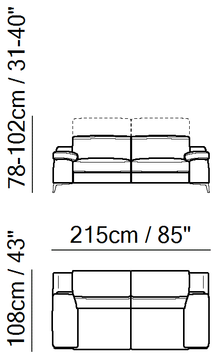 Duca Sectional by Natuzzi Italia: Two-and-a-half-seater sofa, outline drawing with sizes