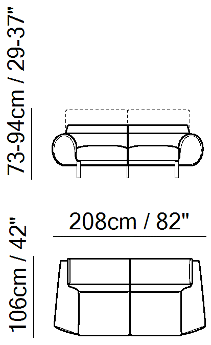 Plutone Sectional by Natuzzi Italia: Compact Sofa, outline drawing with sizes