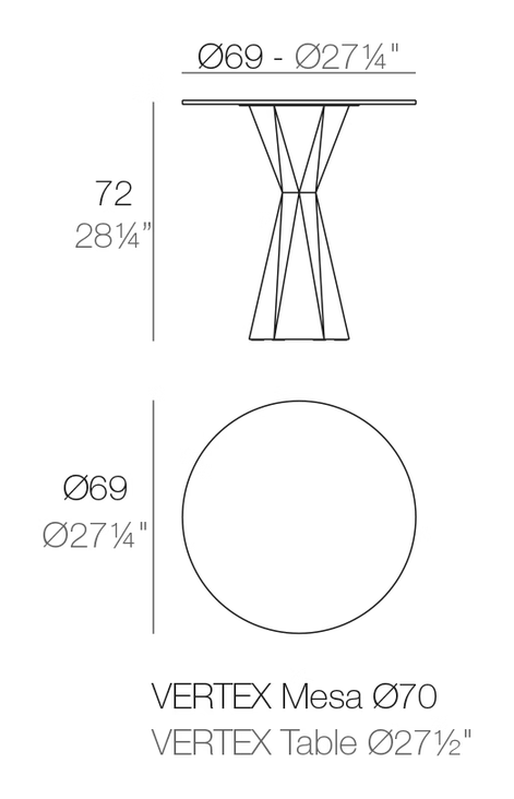 Vertex Dining Table by Vondom, size drawing