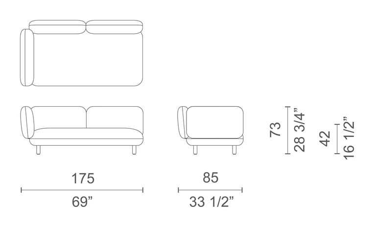Hobo Contract Sofa by Cappellini, size drawing: HOB41