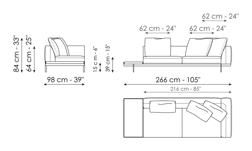 Phil Sofa by Bonaldo, size drawing: End section sofa with tray 266