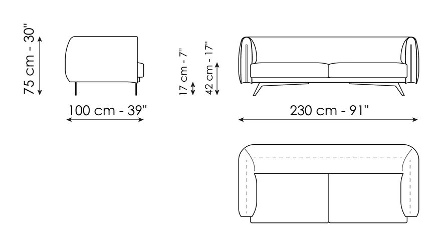 Saddle Sofa by Bonaldo, size drawing: Sofa 230