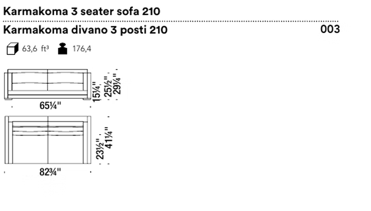 Karmakoma Sofa by Moroso, size drawing: Karmakoma 3 seater sofa 210