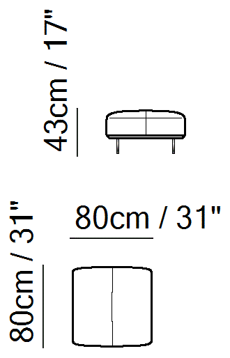 Pablo Sectional by Natuzzi Italia: Square Ottoman, outline drawing with sizes