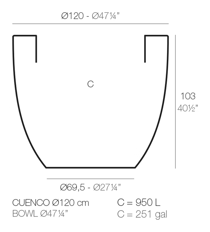 Cuenco Planter by Vondom, size drawing