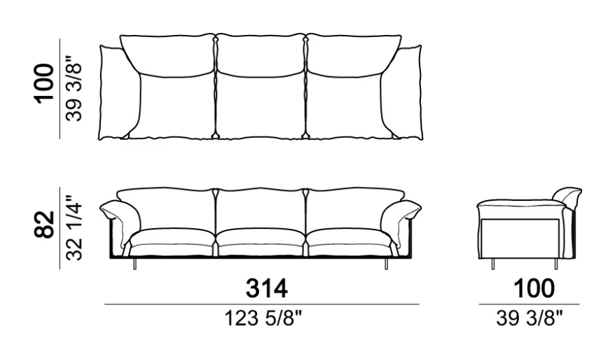 Wideboy Sofa by Arketipo, size drawing: Sofa /corner sofa, back cushions 95 cm