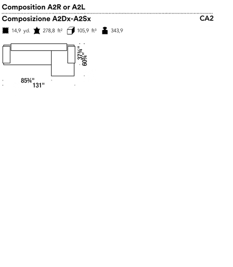 Lowland Sofa by Moroso, size drawing: Composition A2R or A2L