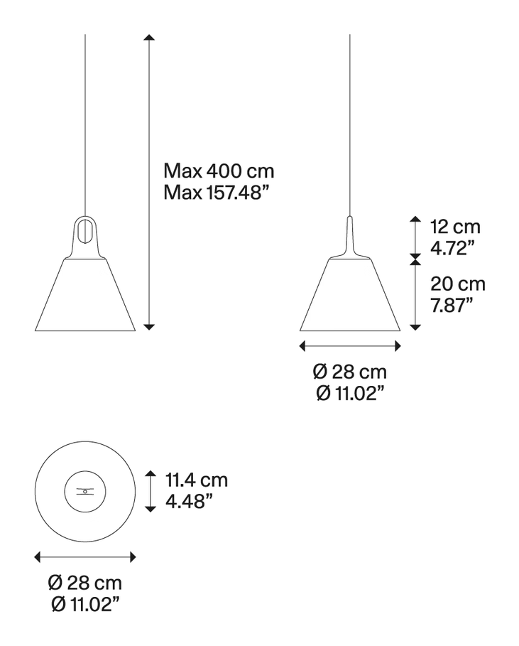 Jim Bell, Cone and Cylinder Cluster Pendant Lamp by Lodes, size drawing: JIM cone