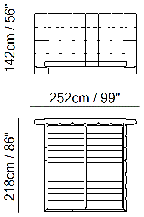 Ema Bed by Natuzzi Italia: Bed with split mesh 180X200, outline drawing with sizes