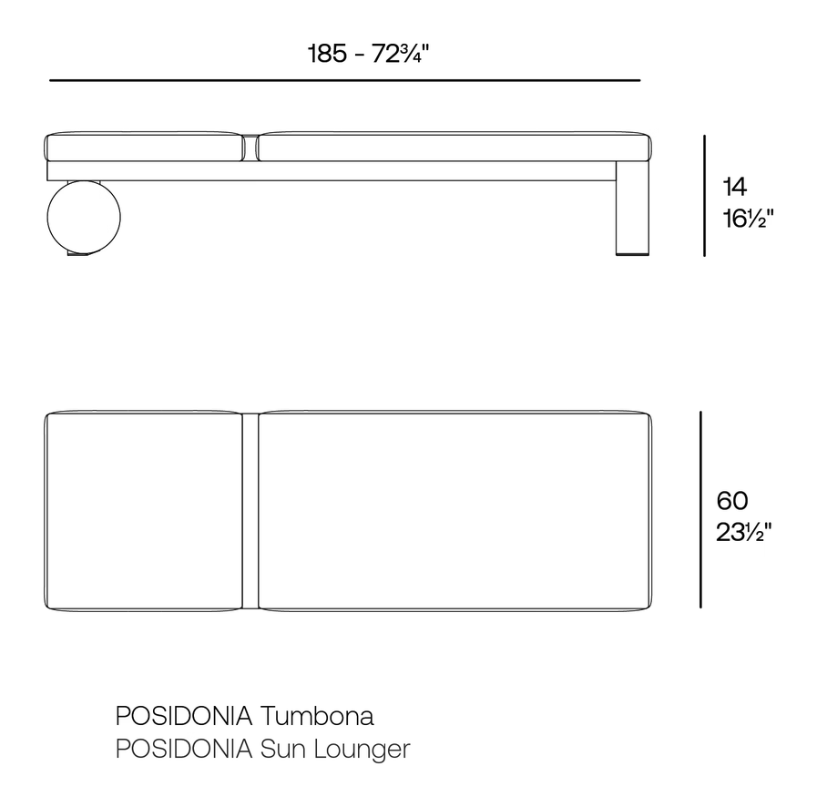 Posidonia Sun Lounger by Vondom, size drawing