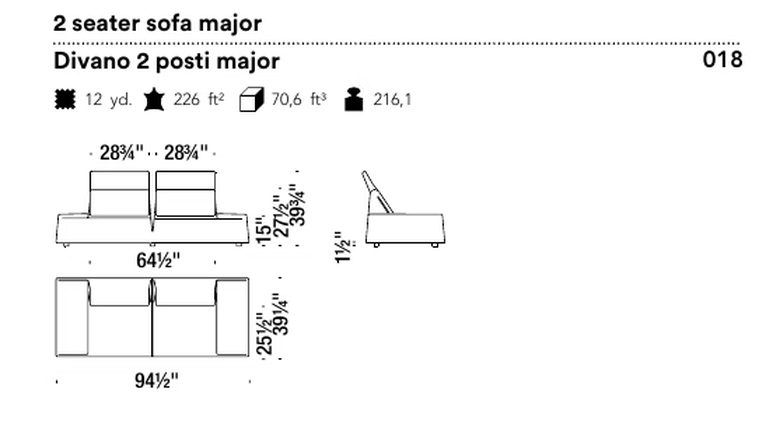Highlands Sofa by Moroso, size drawing: 2 seater sofa major