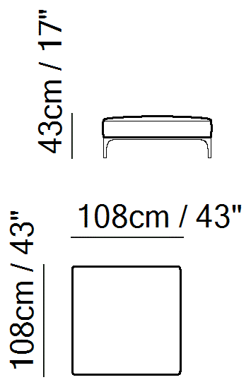 Skyline Sectional by Natuzzi Italia: Large square ottoman with open base, outline drawing with sizes