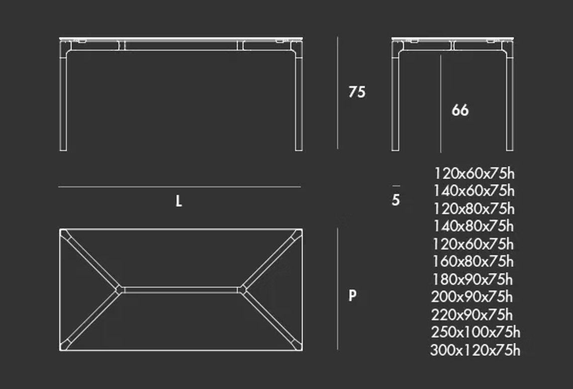 Bone Table by Sovet, size drawing: Rectangular