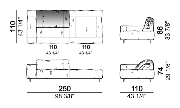 Crazy Diamond Sofa by Arketipo, size drawing: Unit with right or left pouf