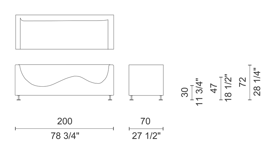 Three Sofa de Luxe by Cappellini, size drawing: TSA7