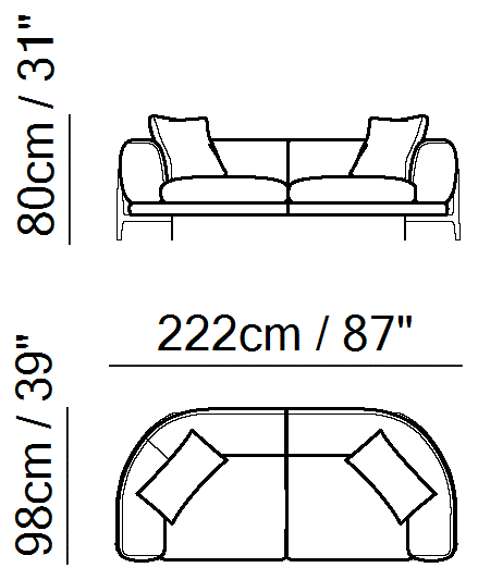 Oblò Sectional by Natuzzi Italia: Three-seater sofa, outline drawing with sizes