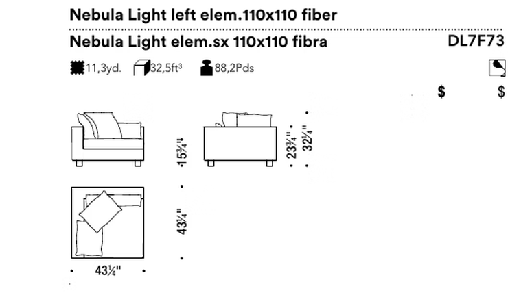 Nebula Light Sofa by Moroso, size drawing: Nebula Light left elem.110x110 fiber