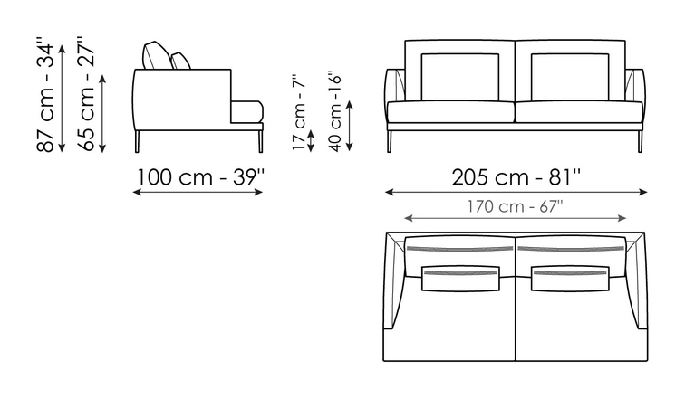 Paraiso Sofa by Bonaldo, size drawing: Sofa 205