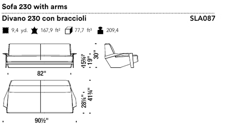 Silver Lake Sofa by Moroso, size drawing: Sofa 230 with arms