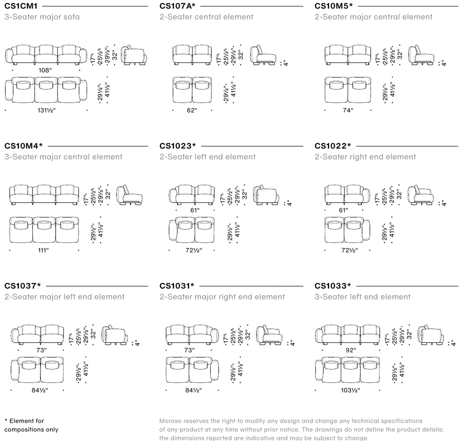 Cuadra-Soft Edge Sofa by Moroso, size drawing: CS1CM1 CS107A* CS10M5*