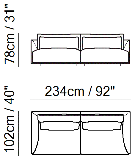 Long Beach Sectional by Natuzzi Italia: Three-seater sofa, outline drawing with sizes