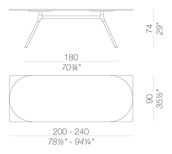 Fork P128 Table by LaPalma, size drawing