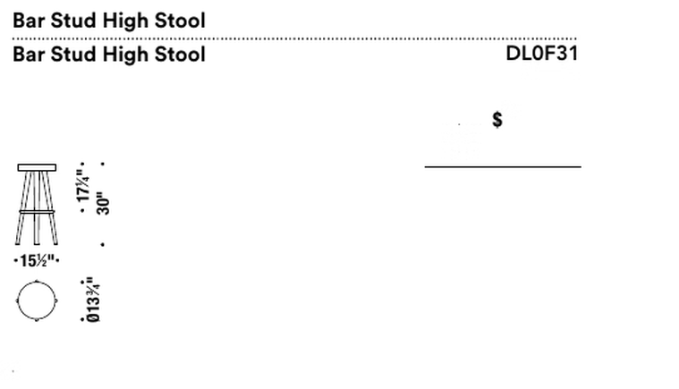 Stud Stool by Moroso, size drawing: Bar Stud High Stool