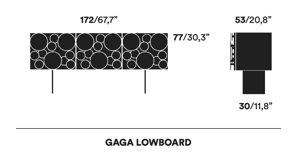 Gagà Storage Cabinet by Opinion Ciatti, size drawing: GAGA LOWBOARD