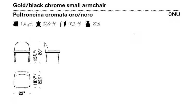 Precious Armchair by Moroso, size drawing: Gold/black chrome small armchair