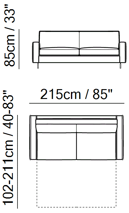 Capriccio Sofa Bed by Natuzzi Italia: Large three-seater sofa-bed with Greenplus mattress, outline drawing with sizes