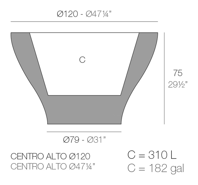 Centro Alto Planter by Vondom, size drawing