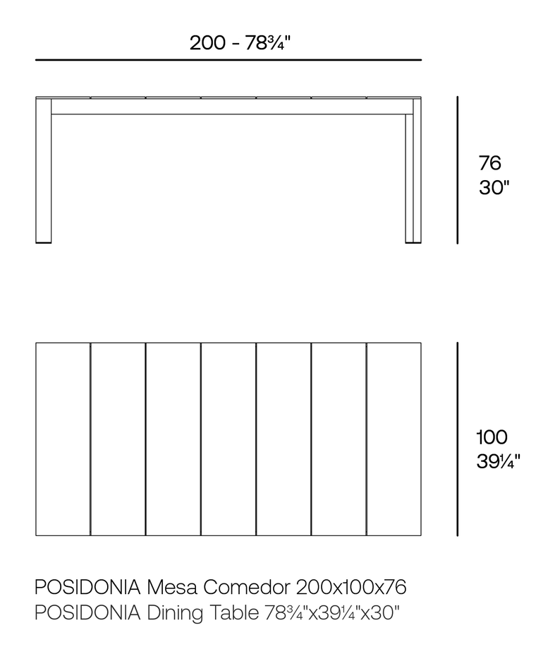 Posidonia Dining Table by Vondom, size drawing
