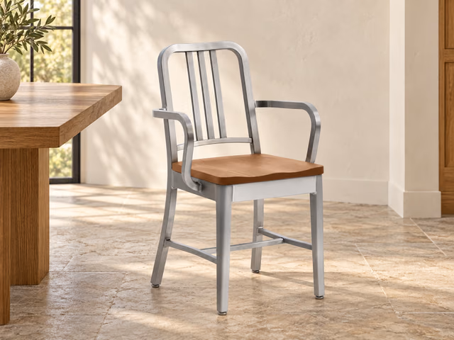 1104 Navy Armchair, Wood Seat by Emeco
