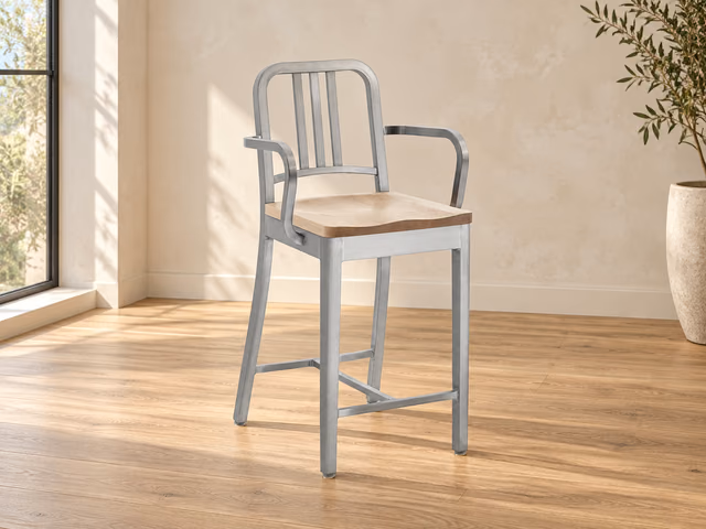 1104 Navy Stool With Arms, Wood Seat by Emeco